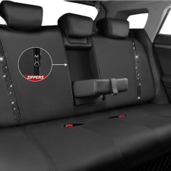 CAR PASS Black Diamond Leather Bling/Rhinestone  Car Seat Cover Full Set | NEW - Picture 5 of 11